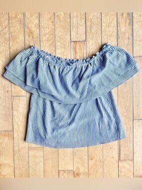 BCBGMAXAZRIA Off‑Shoulder Striped Navy & White Ruffle Top Size Medium